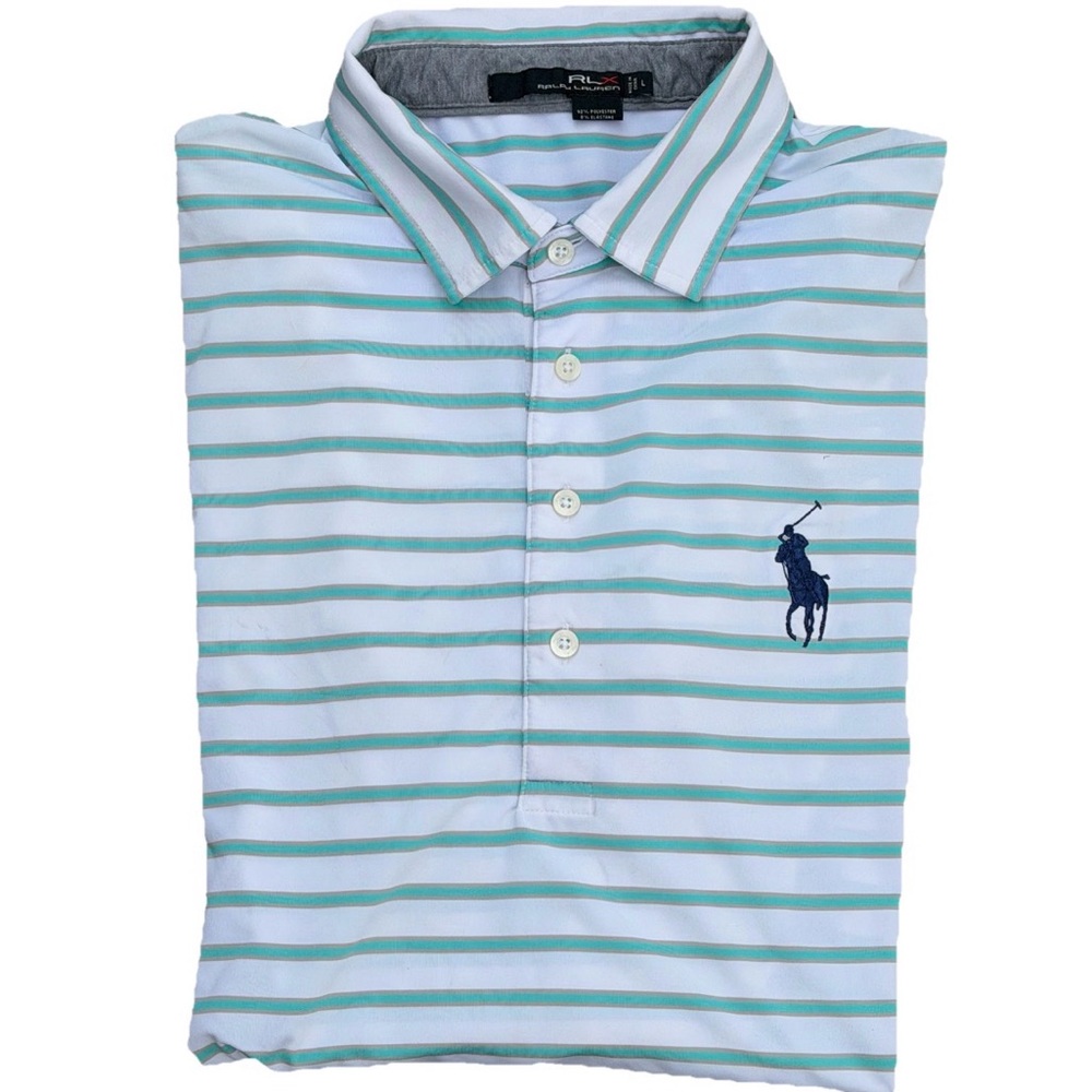 Ralph Lauren RLX Men Large Polo Shirt Performance Green White Striped Big Pony - Picture 1 of 11